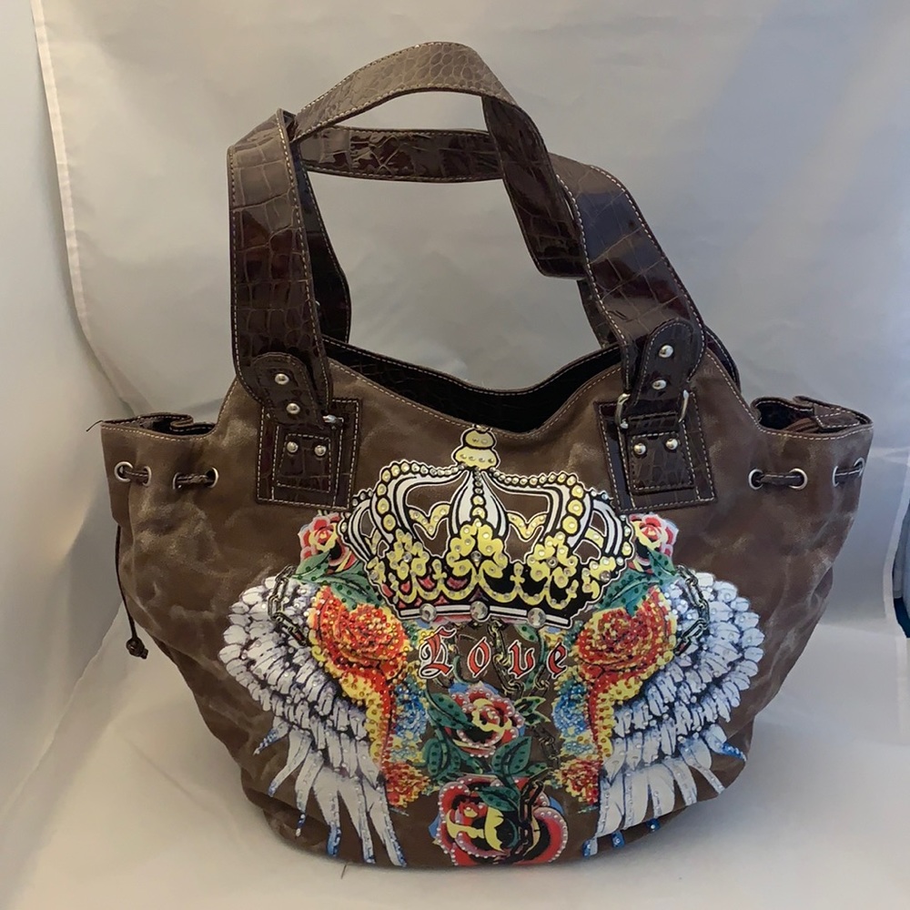 Angel Wings Brown Muti-Color Shoulder Big Handbag Cro Trim Canvas
